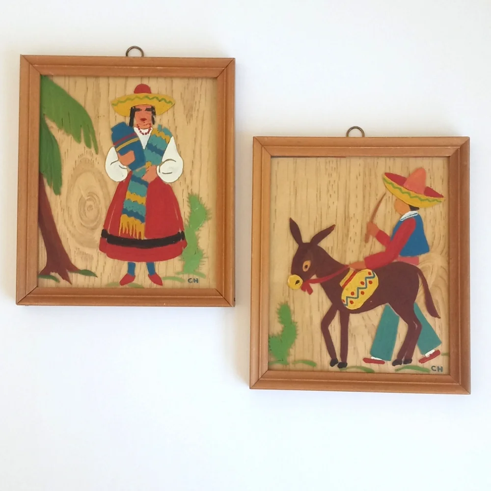 Vintage Folk Art Pair Colorful Mexican Art Mid-Century Framed Wall Art